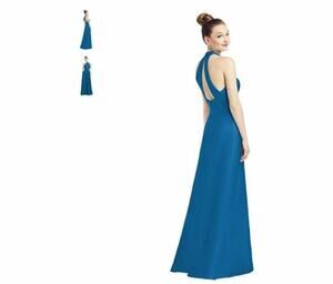 Alfred Sung D772 High Neck Cutout Satin Sleeveless Twill Dress Dusk Blue Size 14